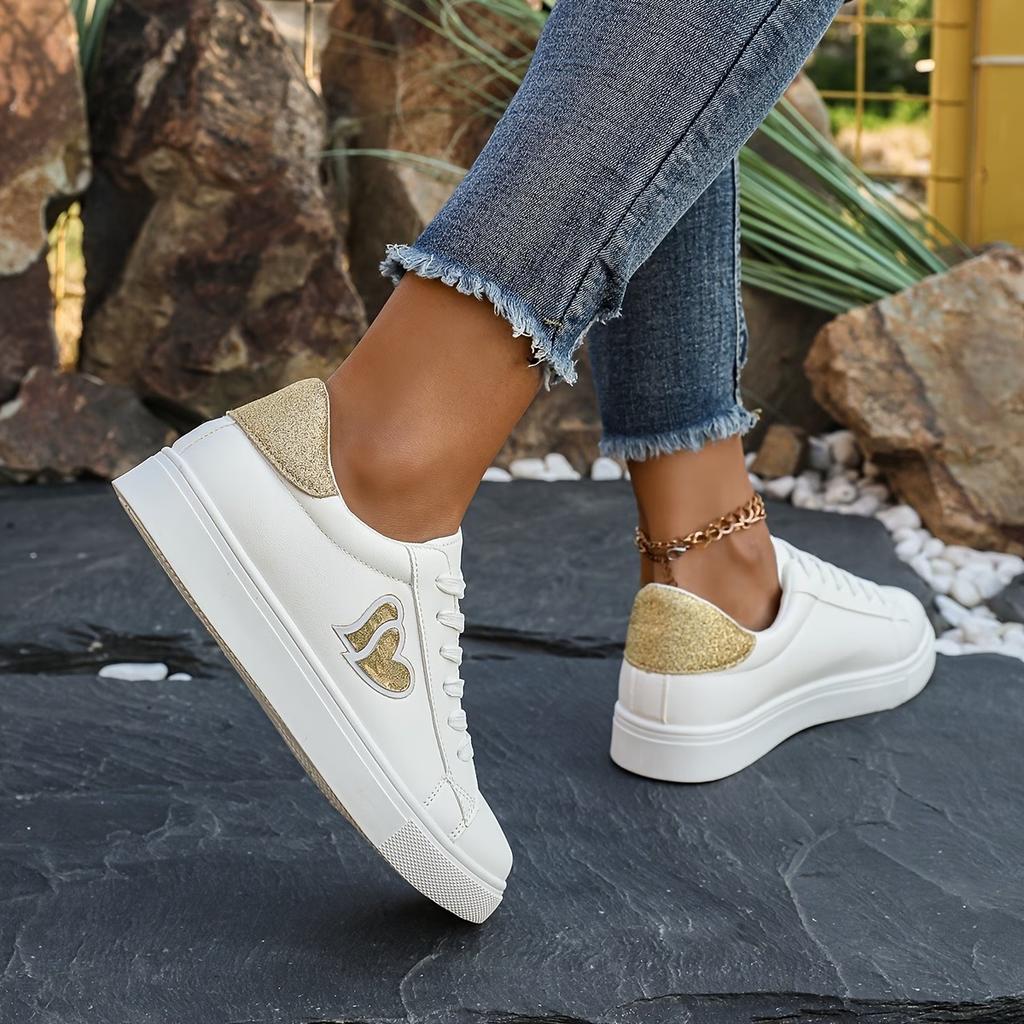Damen Glitzer Herz Freizeit-Sneaker, Schnürung Leichte Lauf-Skate-Schuhe, Niedrig geschnittene Bequeme Weiße Schuhe für den Herbst, Damenschuhe
