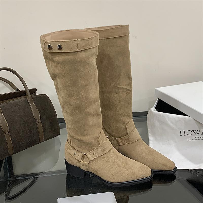 Rich and rich retro Maillard cowboy boots belt buckle thick heel tall boots autumn and winter 2025 new knight boots