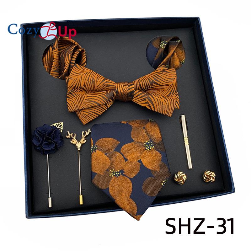 7 PCS Classic Men's  Tie Set Paisley Stripe Necktie for Men Pocket Square Bowtie  Brooch Cuff Father's Day Gift Box