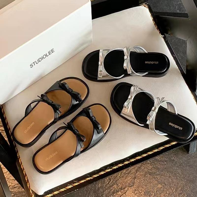 Fashion Summer Women Elegant Bow Square Toe Open Toe Low Heel Sandals Slip on Soft-soled Casual Simple Beach Slippers Sandalias Mujer