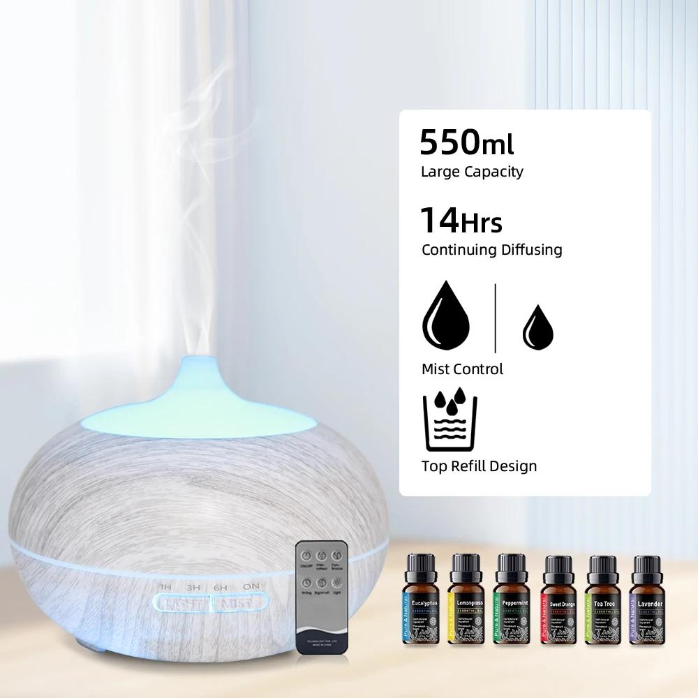 550ml Wood Grain Essential Oil Diffuser  Comes with Remote, 6 Oils & 7 Color LED Mood Light
