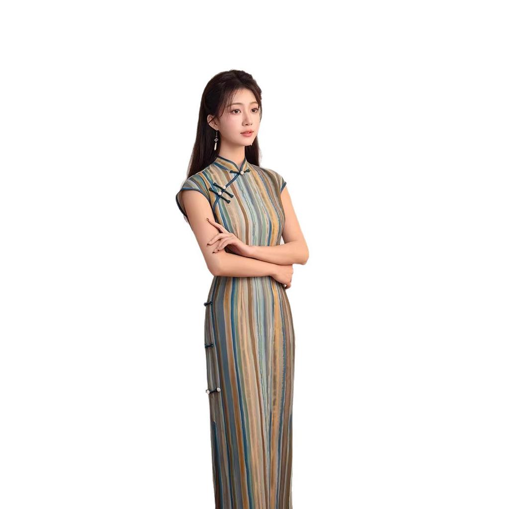 1011 summer new fashion improved retro color striped young old Shanghai Republic of China style women's cheongsam skirt