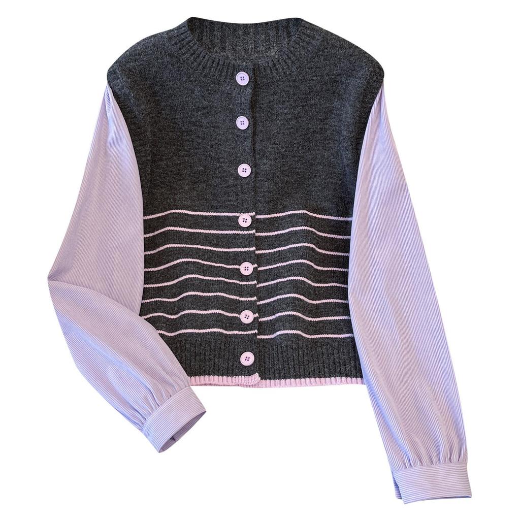 Patchwork Faux Two-Piece Round Neck Knit Sweater - Women's Versatile Short Top for Spring 2026