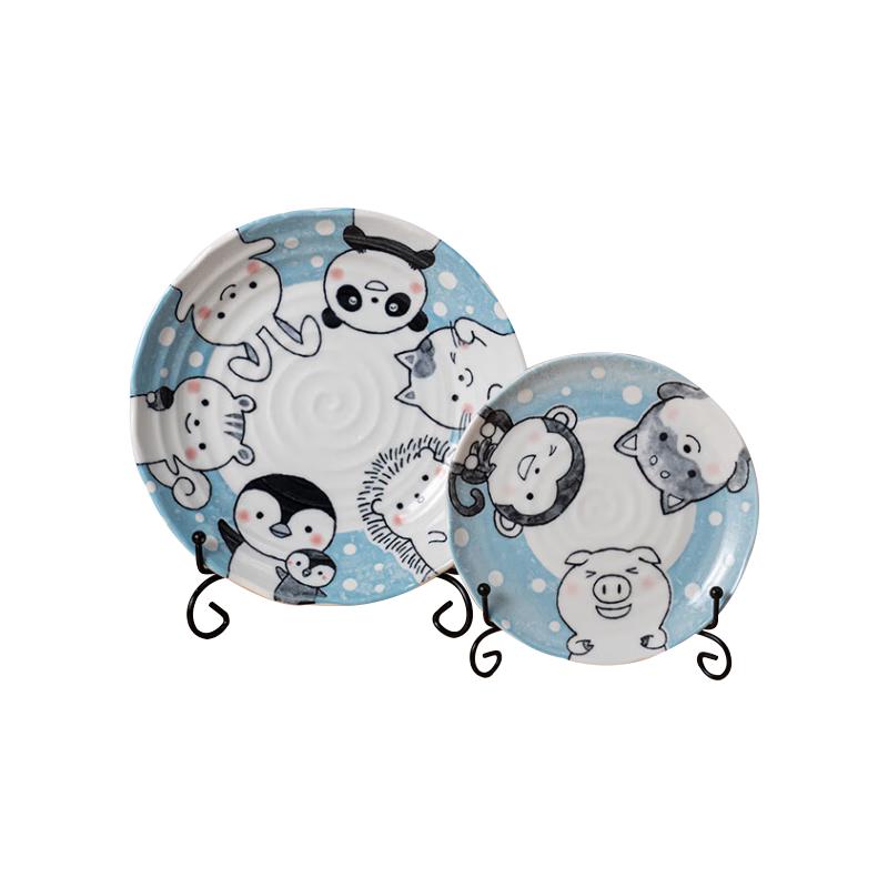Mino Yaki Japanese Cartoon Polka Dot Ceramic Dinner Plate Set, 2-Piece