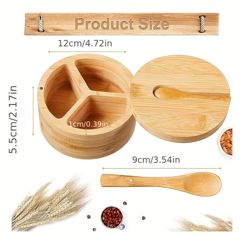 Bamboo Seasoning Box With Spoon Rotating Cover Spice Box Seasoning Container Sugar Salt Pepper Jar Condiments Picnicking Gadget