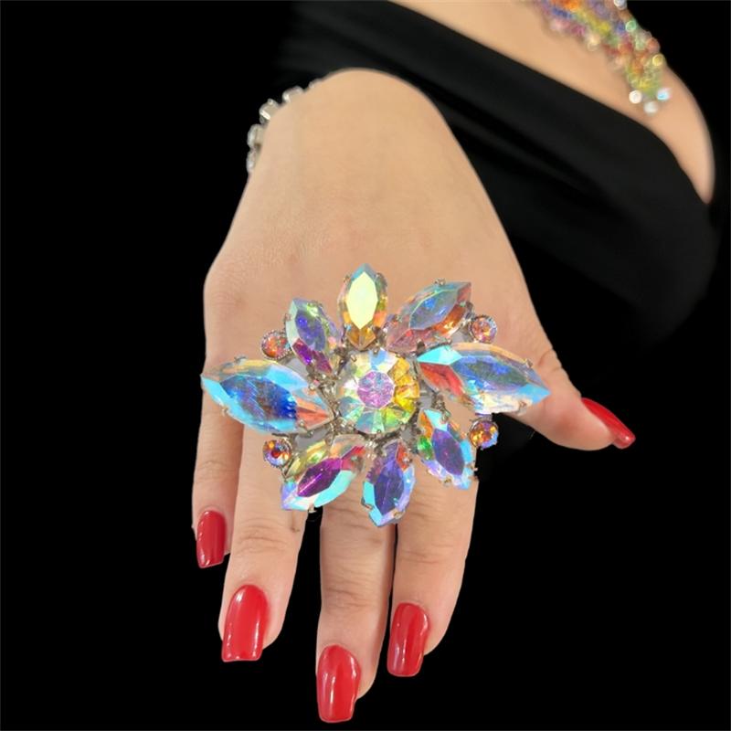 

Stonefans Exaggerated AB Color Rhinestone Rings For Women High Quality Large Flower Aesthetic Oversize Drag Queen Accessories Silver Color