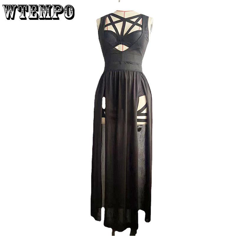 Gothic Club Sexy Summer Skirt Set Women Sleeveless Black Corset Crop Top Bandage Underpants Mesh Split Skirt 3pcs Sets