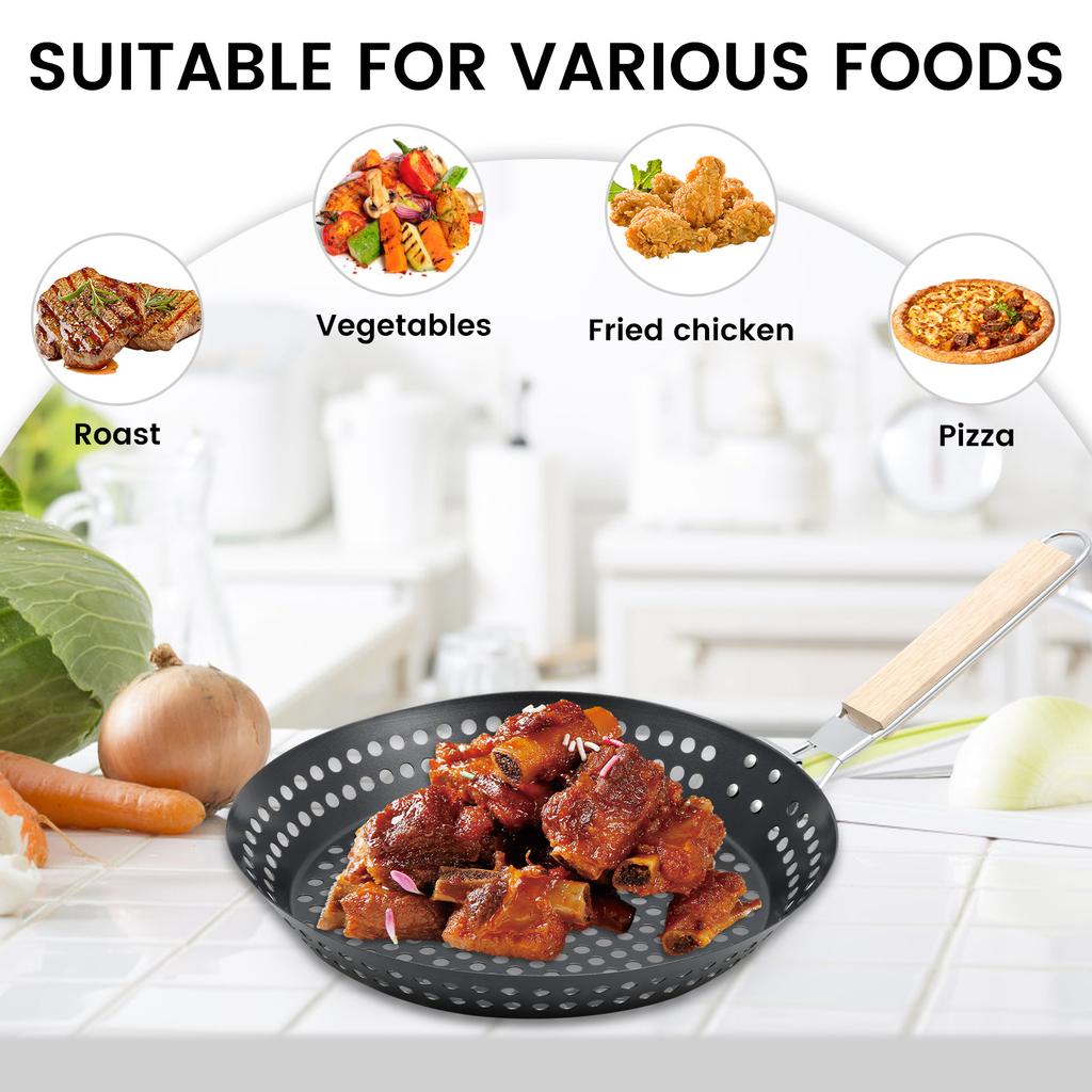 Folding Grill Pan Nonstick Grill Skillet Barbecue Grill Pans With Wooden Handle Heat Resistant Grill Skillet for Home Outdoor