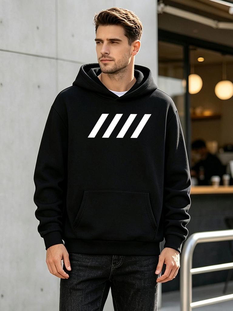 2026 New Unisex Casual All-Match Style Fashion Sports Hoodie with Modern Easy White Diagonal Print Design Pattern - Casual Pullover with Kangaroo Pock