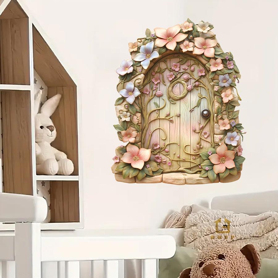 Creative Wooden Door "Portal To Another World" Self-Adhesive Wall Stickers, Small Size Skirting Board Decals for Home Decoration