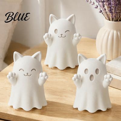 Kreative Geburtstagsmitbringsel 3D-gedruckte niedliche Geisterkatzen-Figur Zwinkerndes Lächeln Überraschung Gruselige Halloween-Dekoration Leere DIY-Ornamente Weiß Bemalbar