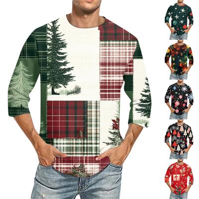 Men's Christmas Print Round Neck Three Quarter Sleeve Top T-shirt