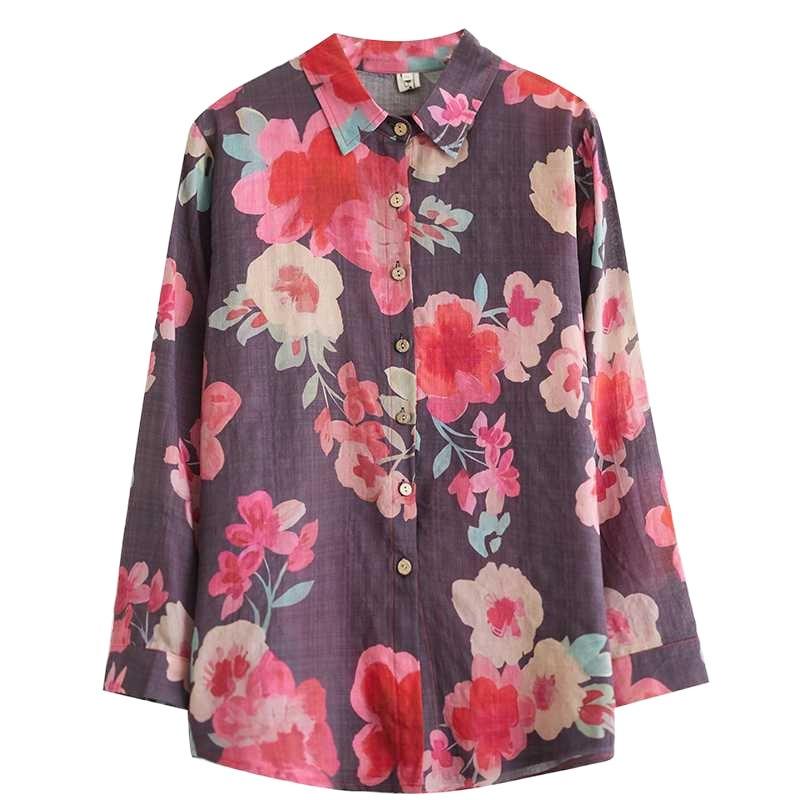 Literary Large-size Casual Shirt Women's Spring New Single-breasted Flower Print Long-sleeved Shirt Shirt Sunscreen Shirt