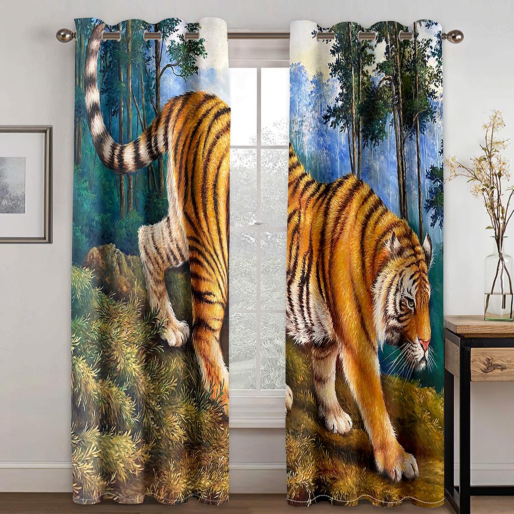 Dominating Tiger 3D Digital Print Curtain Fabric Living Room Bedroom Home Environment Landscaping Curtain Fabric Two Panels