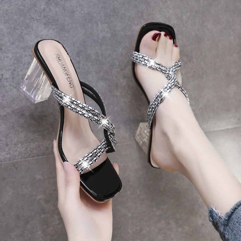

2026 Summer square head open toe high heels sandals Fashion crystal beautiful casual light Slippers 35 чорний