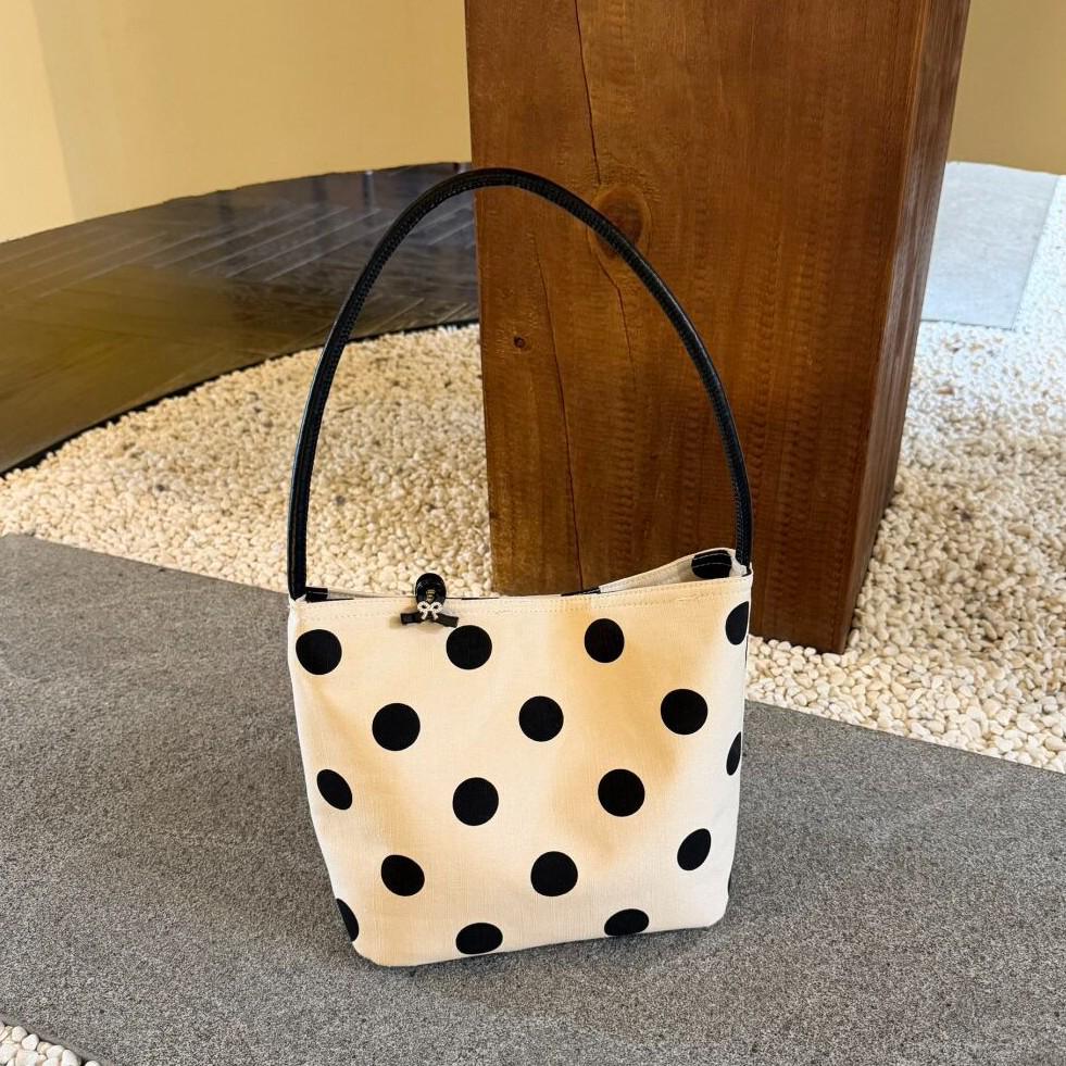 French Polka Dot Linen Tote Bag - Women's Single Shoulder Vegetable Basket Bag