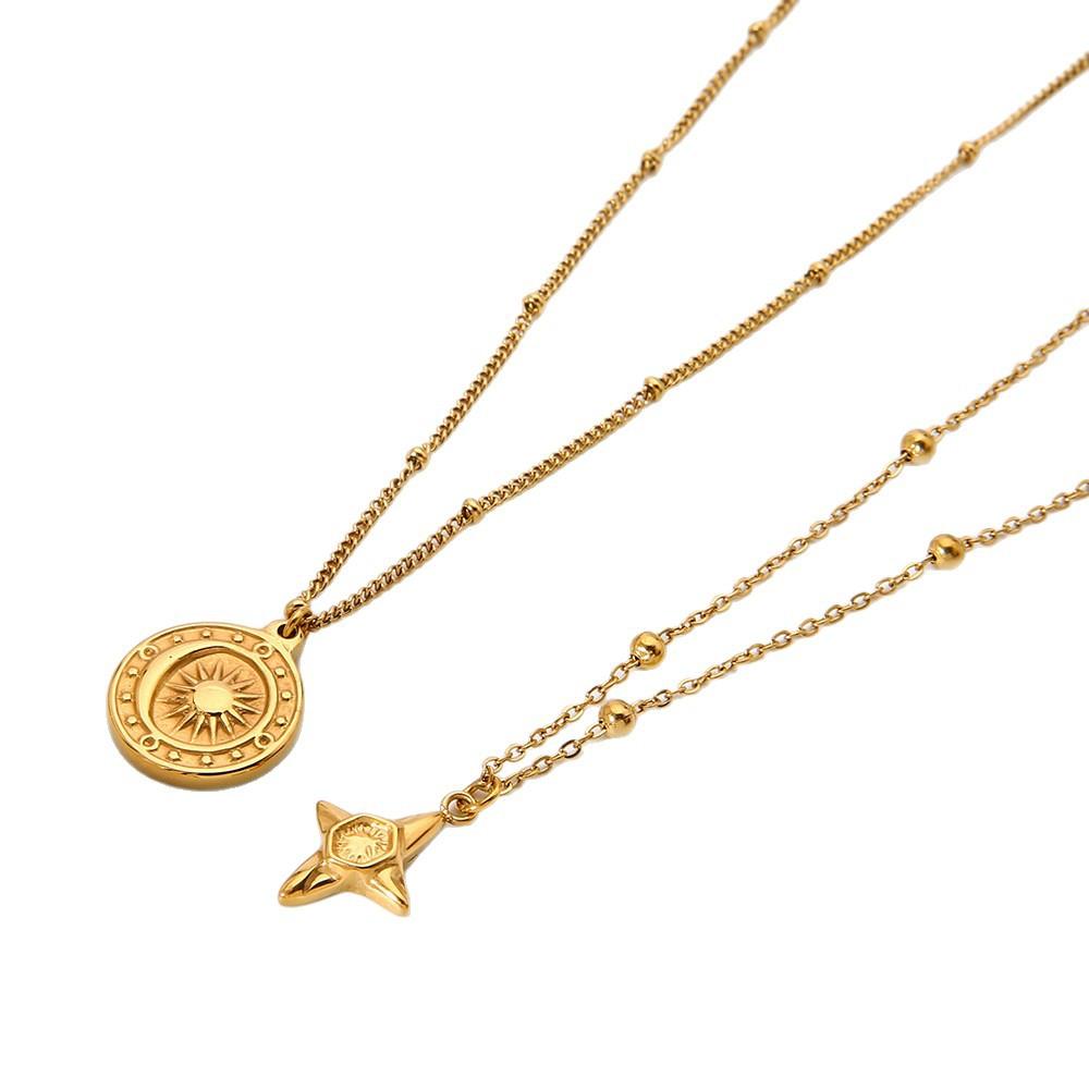 Vintage fashion plated 18K gold four-star sun round brand pendant necklace stainless steel waterproof sweater chain women