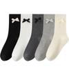 Ladies Fall Bow Ballet Style Solid Color Vertical Stripe Mid Tube Cotton Socks