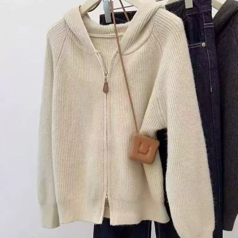 

Новый простой повседневный кардиган с капюшоном и длинными рукавами, вязаный, на двойной молнии, женская универсальная куртка One size