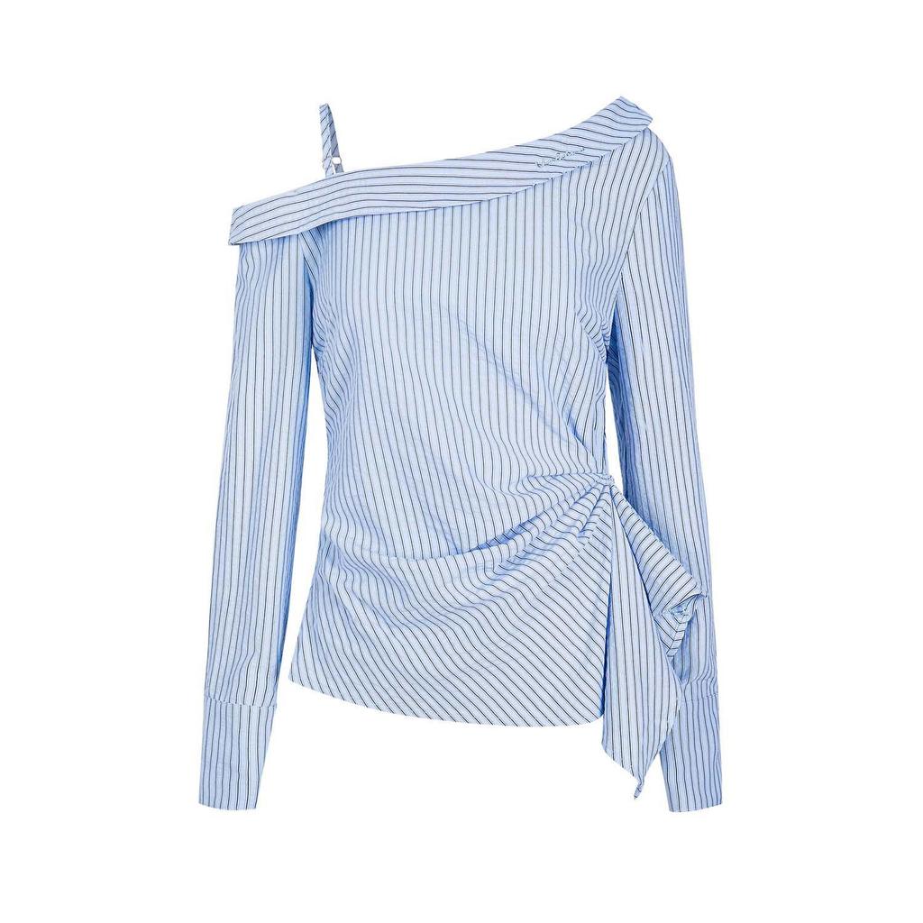 UNBDNS Women's One-Shoulder Striped Tie-Up Shirt: Slimming, Versatile Long Sleeve Top for Autumn
