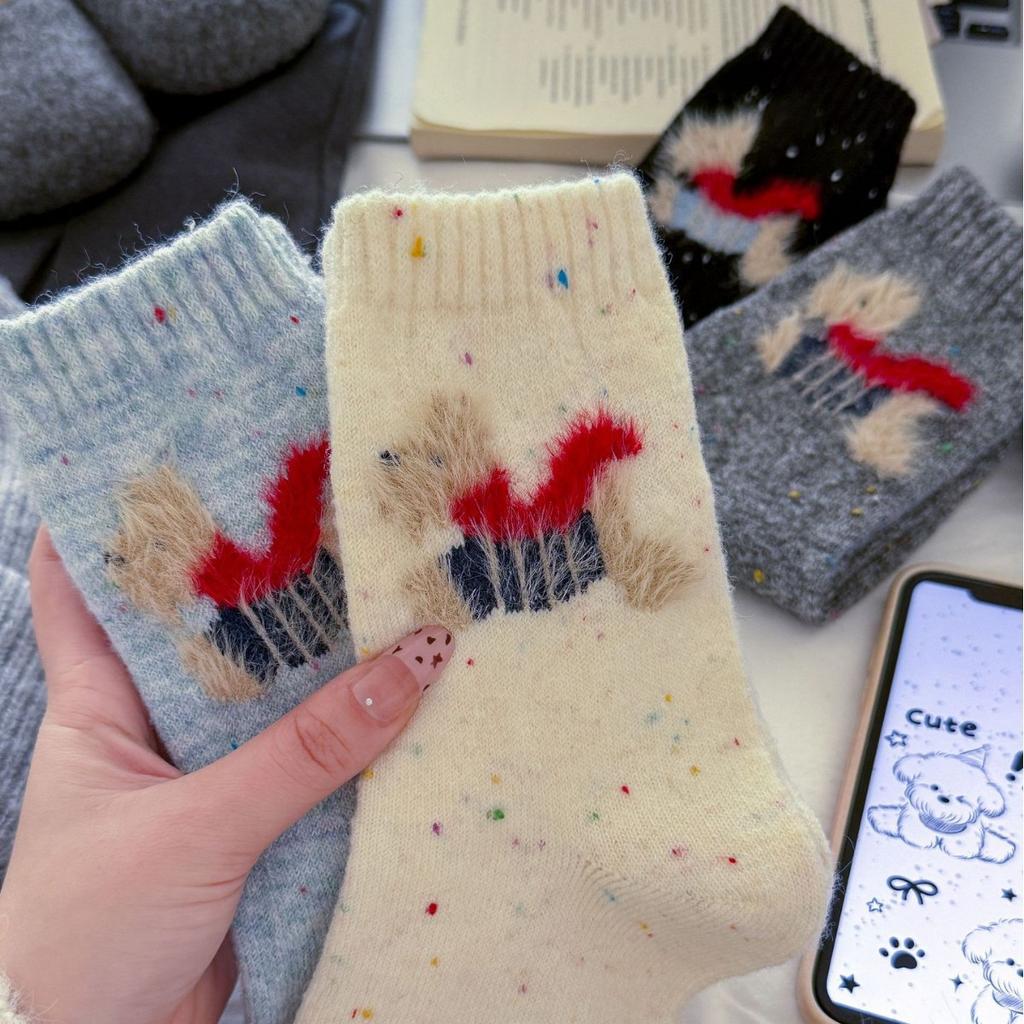Warm Cartoon Trendy Wool Vintage Scarf Stacked Socks Socks Girls Medium Socks Cute Thickened Puppy