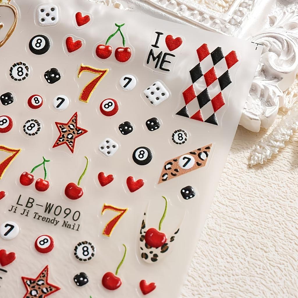 2026 Trendy Nail Art Stickers Zebra Leopard Star Plaid Cherry Heart Cartoon Self Adhesive Decals DIY Manicure Nail Decorations