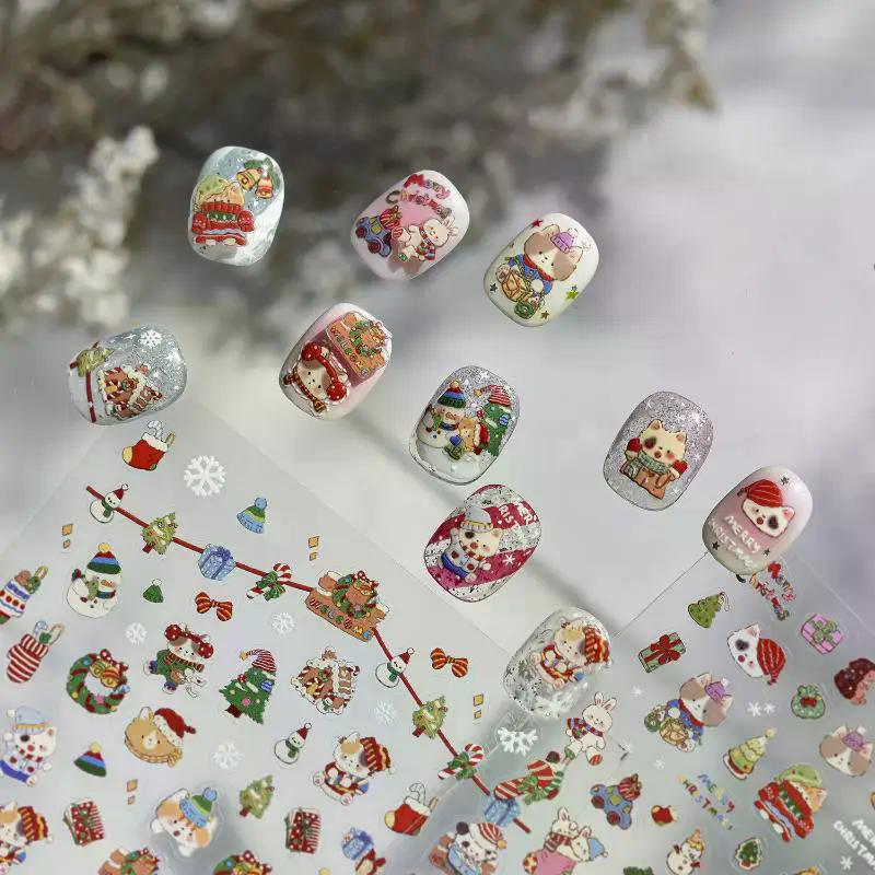 1Sheet Christmas Nail Stickers - Cute Snowflake Penguin Crystal Ball Red Hat Star Bow Lace Decals, Winter Manicure DIY Decor