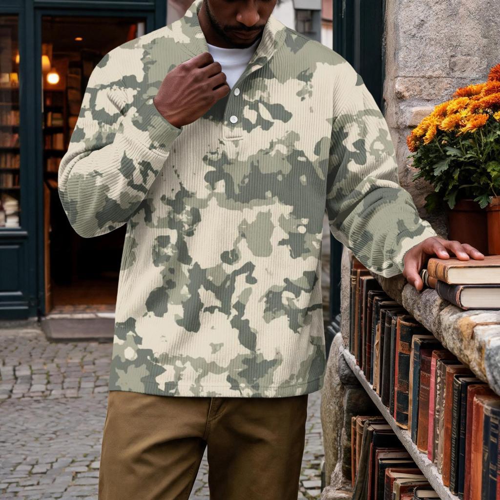 Men's Vintage Corduroy Printed Quarter-Zip Pullover with Stand Collar and Pocket, Long Sleeve Casual Top