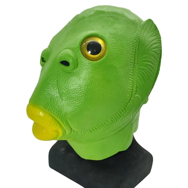 Смешная зеленая рыба голова полнолицевая маска головной убор Хэллоуин животное латексная — фото 6