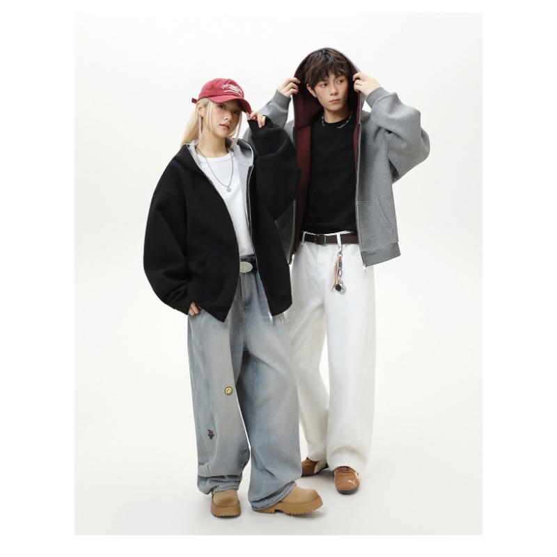 Men Heavy Weight American Color Block Loose Hooded Long Sleeve Zip Up Casual Hoodie Jacket
