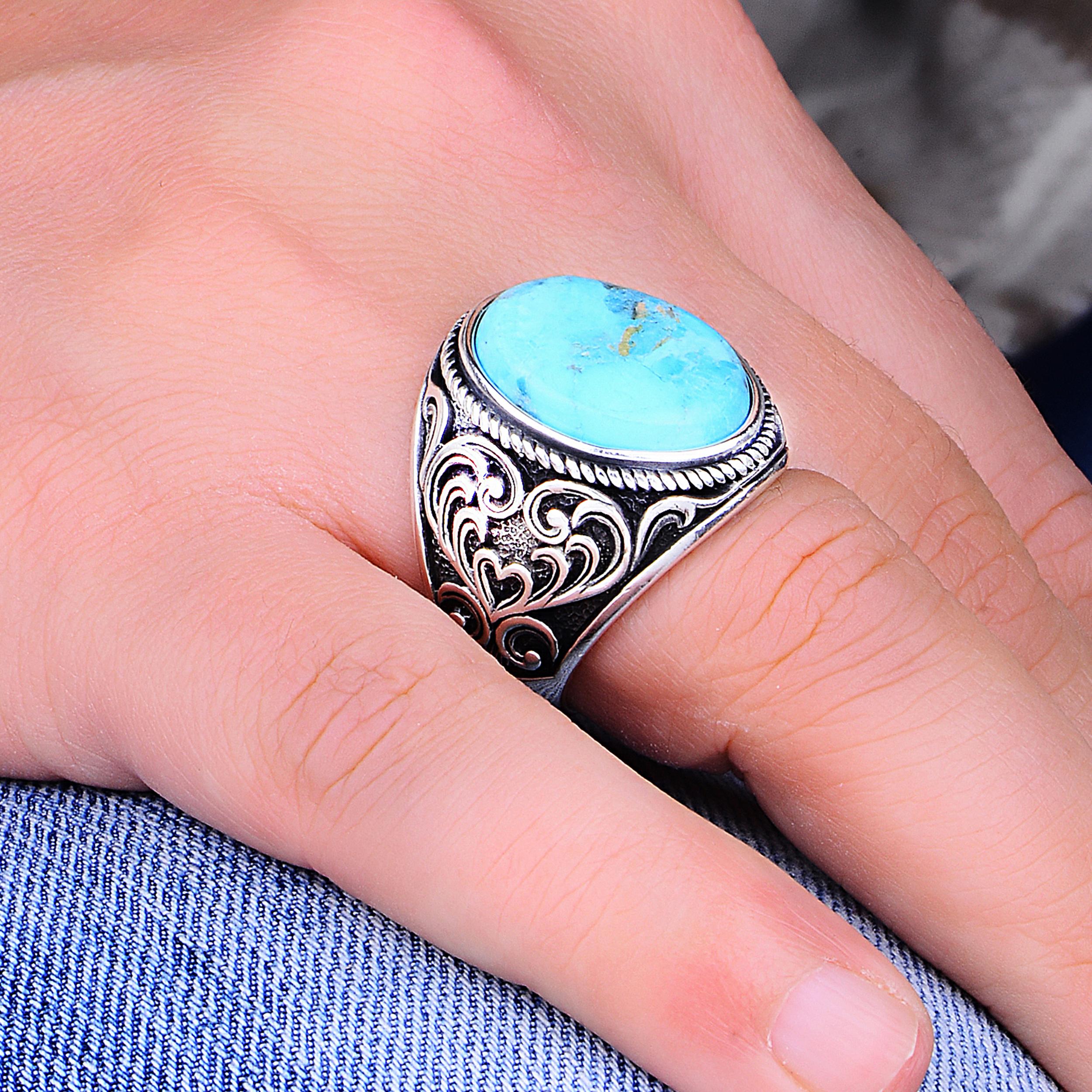

Потрясающее овальное серебряное мужское кольцо с бирюзовым камнем, изысканные мужские украшения из стерлингового серебра 925 пробы, кольцо турецкого мастера ручной работы