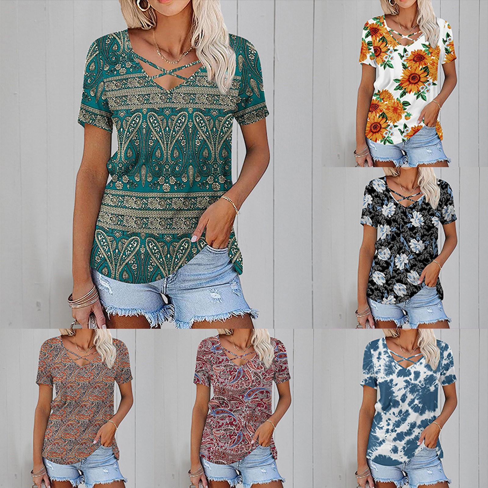 

Женская летняя повседневная футболка с короткими рукавами и v-образным вырезом с принтом, топ XXL чёрный