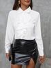Women's White Ruffle Trim Long Sleeve Cardigan Shirt for Office.