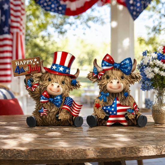 Stars And Stripes Cow Decor 2 Pcs 4th of July Patriotic Highland Figurines, Wooden Independence Day Red USA Themed Home Decoration White Blue