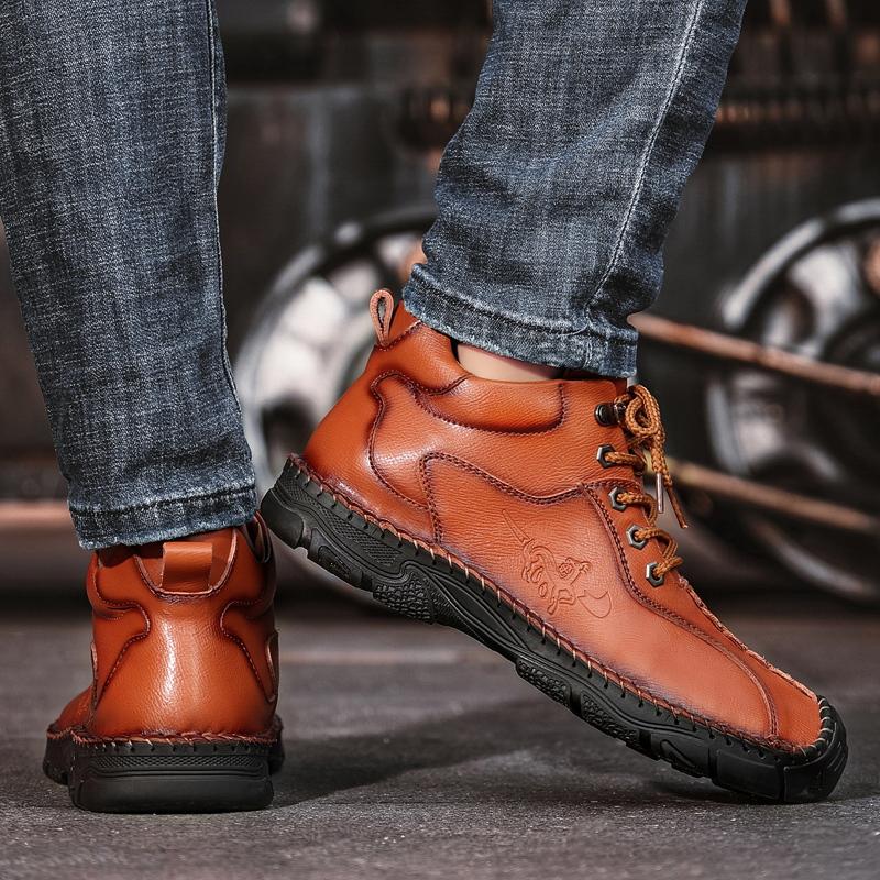 Brown Handmade Leather Men Boots Outdoor Design Sneakers Man Breathable Casual Leather Shoes Men Ankle Boots Fall Plus Size 48