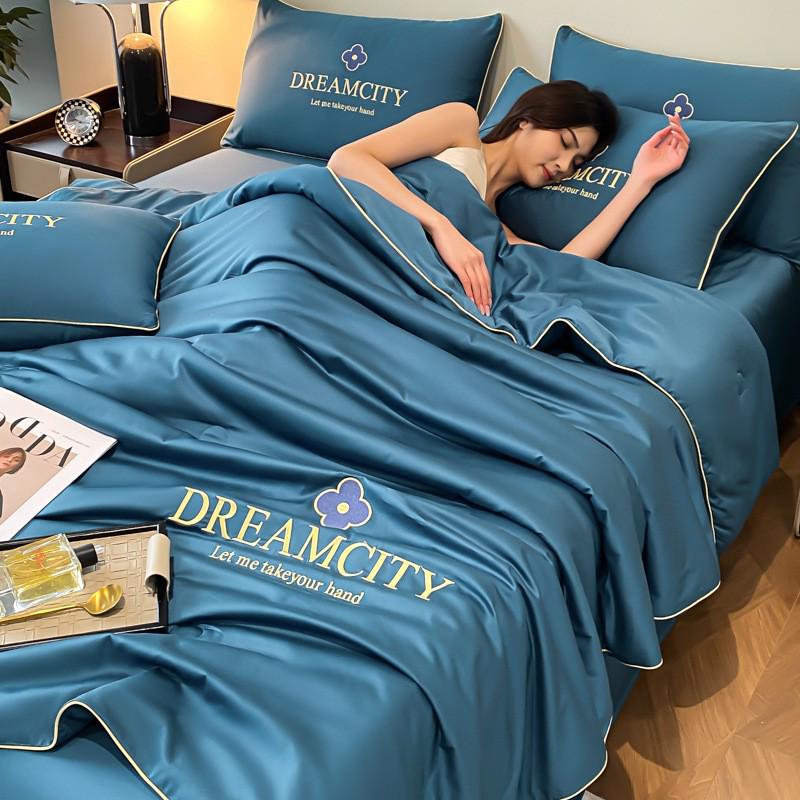 Class A Ice Silk Summer Quilt Set - Cooling, Water Washable, Embroidered, Air Conditioning Friendly, Thin Quilt for Naked Sleep