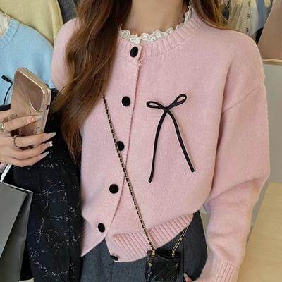 Harajuku Sweter Kardigan Damski z Długim Rękawem Koreańska Młoda Dziewczyna Słodki Różowy Koronkowy Splot Kokardka Krótkie Kurtki Codzienny Luźny Szyk Okrągły Dekolt Y2k Swetry