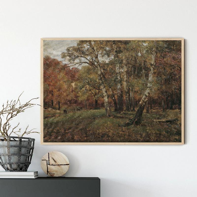 Vintage Warm Tone Autumn Landscape Trees Mid Century Canvas Oil Painting Poster Wall Art Pictures Cozy Home Room Decor