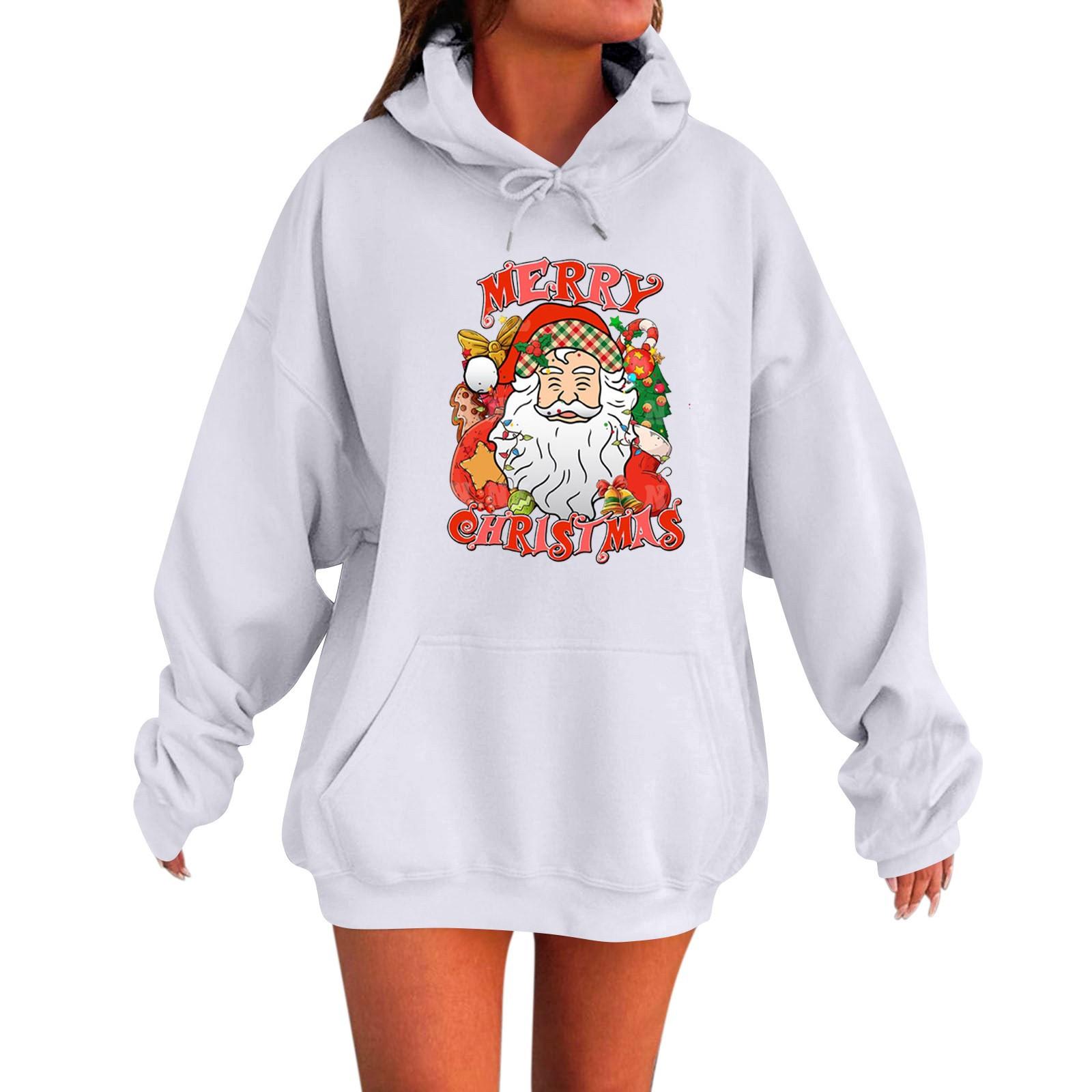 

Женская толстовка с длинными рукавами, свободная, с заниженной линией плеч, с рождественским принтом, с капюшоном и бархатом L белый