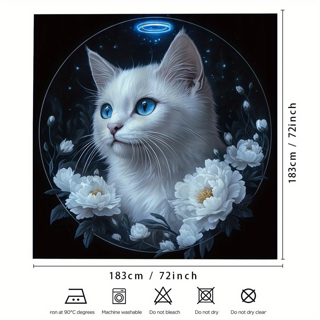 1 Mystical Blue Eyes White Cat Shower Curtain - Polyester with Hook, Machine Washable, Charming Floral and Starry Design