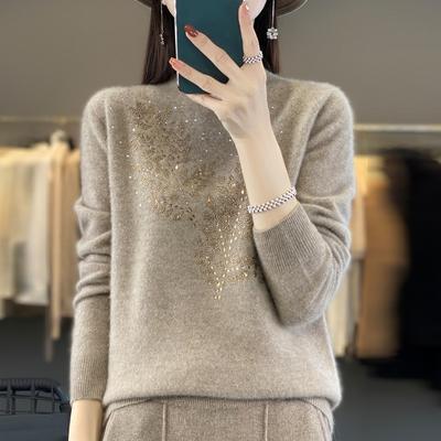 Kryształowy golf Elegancki sweter Damski Stójka Warstwa bazowa Wytrzymały Sweter dzianinowy z koralikami Damski