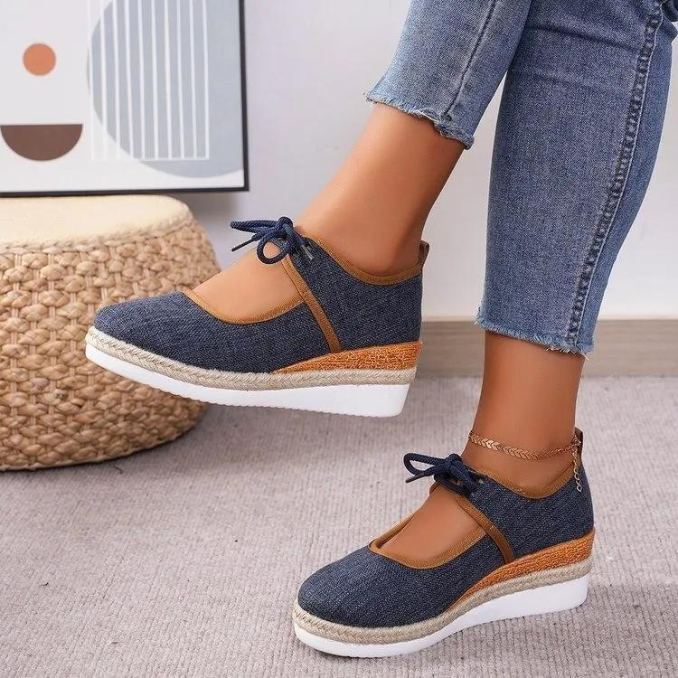 

Handmade Slope Heel Cloth Shoes Women Breathable Comfort Mum Shoes Tenis Platform Non-slip Casual Footwear Front Tie Sneakers 42 тёмно-синий