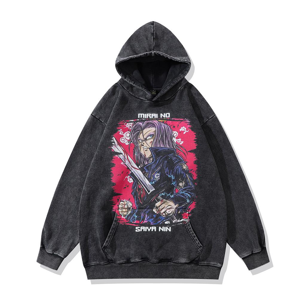 Sweat à capuche Rétro Tendance Marque Hip Hop Street Lavage à l'eau Aspect Vieilli Impression Dessin Animé Japonais Sweat à Capuche Hommes et Femmes Tendance
