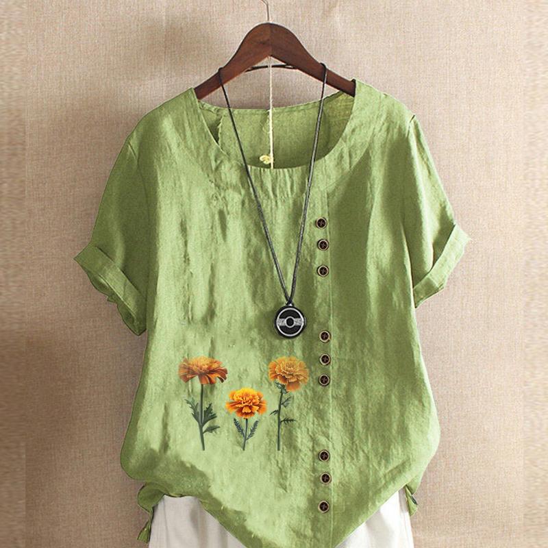 

Женская мода желтые цветы принтованный круглый вырез короткий рукав футболка повседневная хлопок лен графическая рубашка досуг свободная летняя блузка топы 5XL зелёный