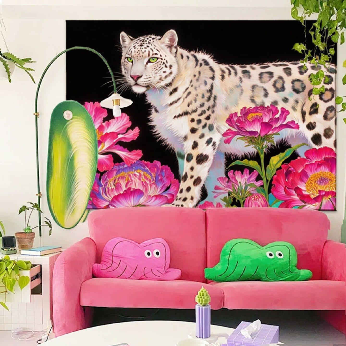 Luxury Colorful Abstract Tapestry Wall Hanging - Tiger And Flowers Artwork Decorative Living Room Horizontal Home Decor 100X70CM