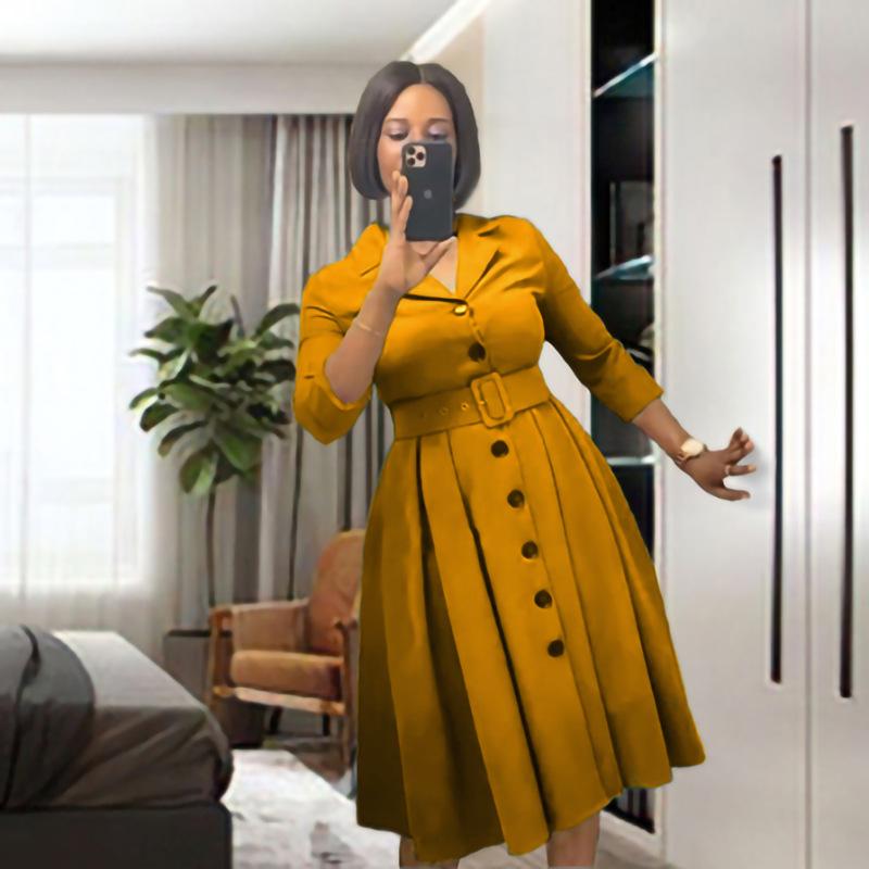 Solid Color V-Neck A-Line Dress with Belt, European & American Style, Plus Size, African Women