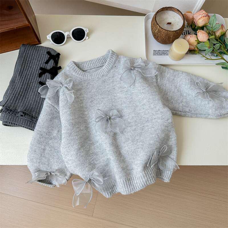2025 Autumn Korean Girls' Sweater: Stylish Bow Knitwear for Children
