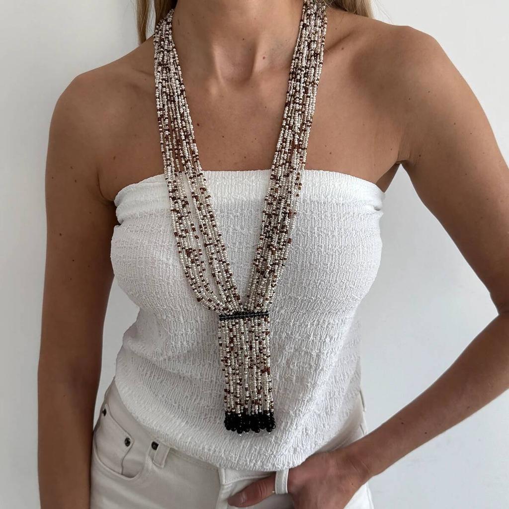 Salircon New Boho Multilayer Rice Beaded Necklace Women Exquisite Charm Long Crystal Chain Necklace Tassel Sweater Chain Jewelry