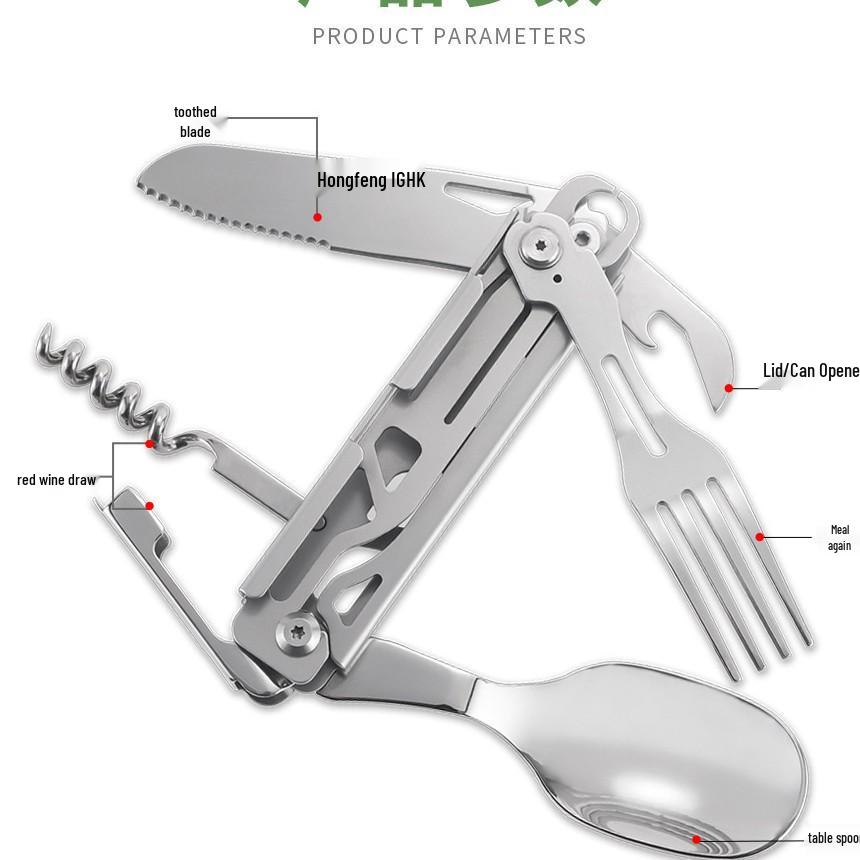 Portable Multifunctional Stainless Steel Folding Cutlery Set with Fork, Spoon, Knife, & Bottle Opener