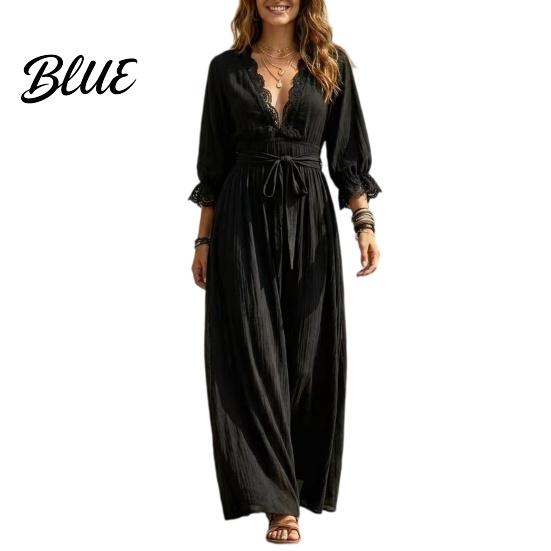 Long Sleeve Dress Women V-Neck Lace for Fall, 3/4 Sleeves Maxi with Casual Dresses Belt, Solid Color Loose Vacation Daily Wear Flowy